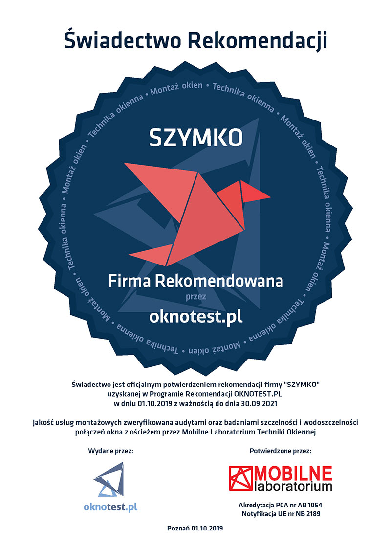 Swiadectwo Rekomendacji Szymko Oknotest