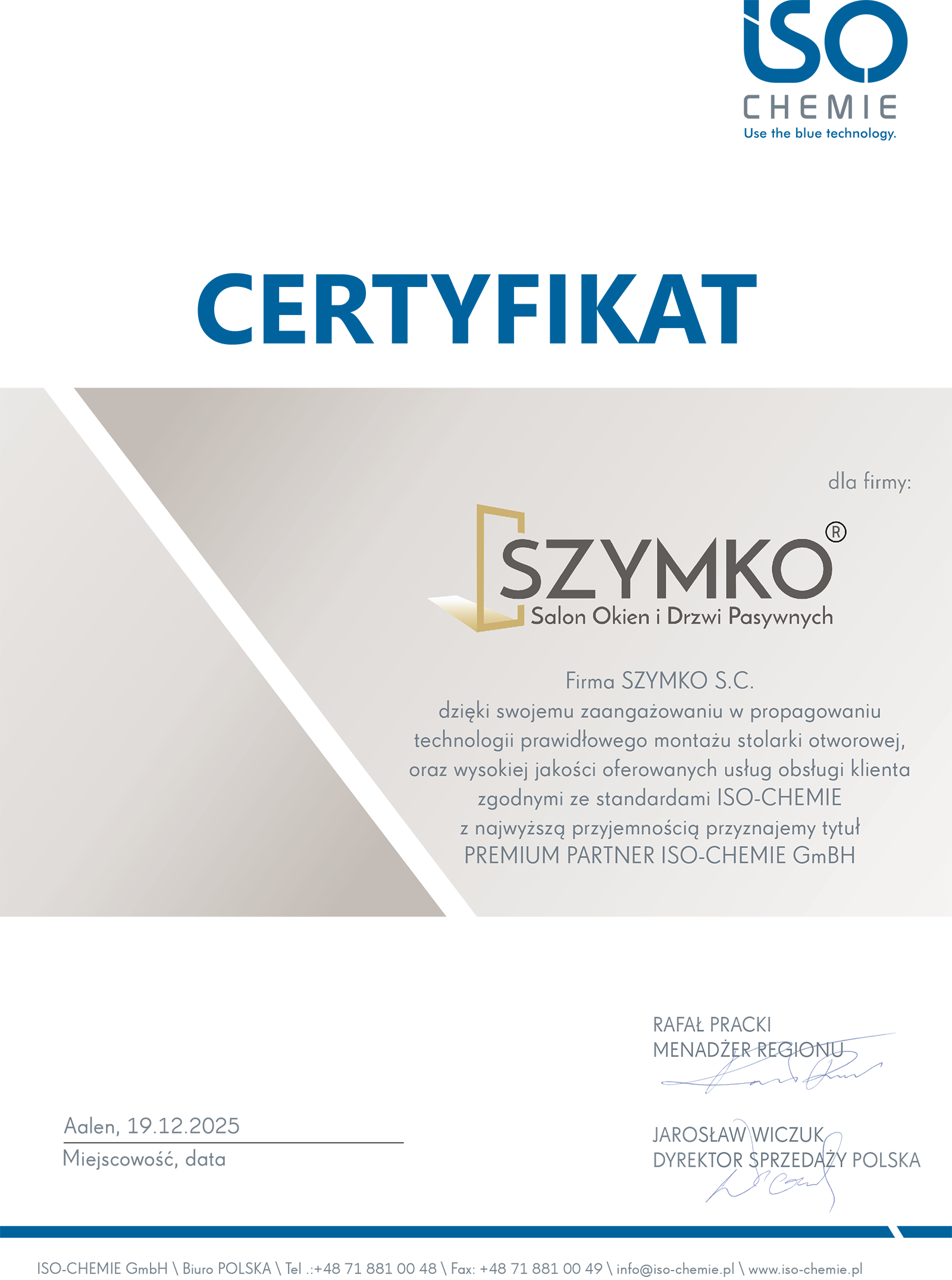 Certyfikat ISO CHEMIE